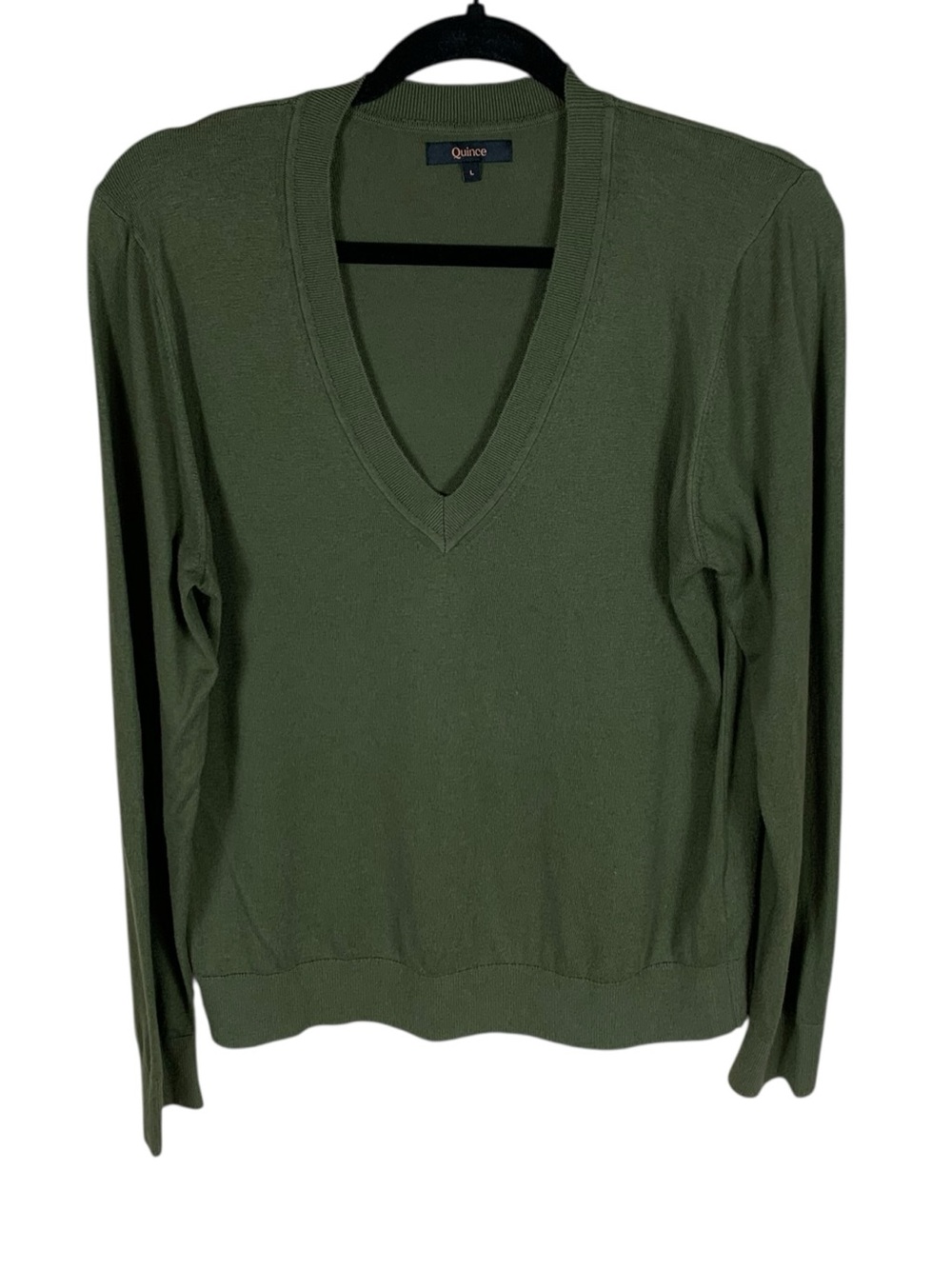 Women's Quince Olive Green Lightweight Cotton Cashmere V-Neck Sweater Size L